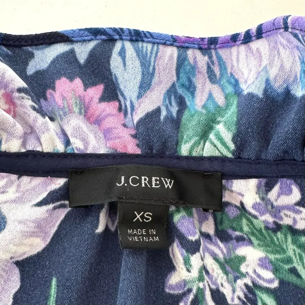 J. Crew Ruffle Neck Long Sleeve Crepe Top Blouse in Blue Floral | XS